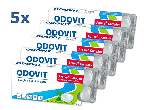 Mal aliento - ODOVIT te ayuda: 5x pastillas para la higiene bucal de 10 unidades - Fuerte contra halitosis - para un aliento fresco y duradero
