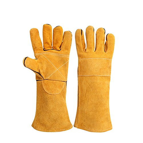 Preisvergleich Produktbild Schweißerhandschuhe, Baumwollfutter, Kevlar-Nähte, hitzeresistent, langer Ärmelaufschlag, für Schweißen, Holzfeuer, Grillen etc. 400 mm (HCT09)