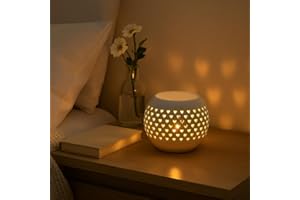 JROSE COLLECTIONS Ceramic Wax Melt Burner with Heart Cutouts – White Spherical Tealight Holder for Aromatherapy, Essential Oils & Home Décor – Romantic Pattern Glow – Heat-Resistant Glazed Design