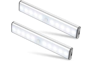 Moston 10 LED Magnetic Motion Sensor Wardrobe Closet Lights,Auto On/Off Under Cupboard Cabinet Lighting,Rechargeable Battery Powered Sensing Night Light,Stick-on Anywhere (Silver Aluminium,2 Pack)