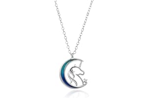 QIUJUNDE Einhorn Kette 925 Sterling Silber mit Pferd Anhänger für Frauen Damen,Zart Blau Mond Halskette Freundschaft Ketten Modeschmuck Geschenke für Baby Kinder Teenager Mädchen Tochter Taufe Kommunion 40+5cm