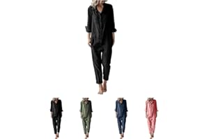 WAOTIER Femmes Coton Lin Mode Décontractée Combinaison Col en V Bouton à Manches Longues Barboteuses Avec Poches Pantalons