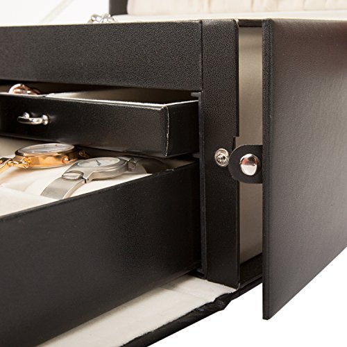 TRESKO® Schmuckkästchen Uhrenschatulle Uhrenbox Schmuckschatulle Schmucketui Schmuckbox mit Mini-Schmuckkasten für die Handtasche aus Kunstleder in schwarz, 17 Fächer, Tragegriff - 6