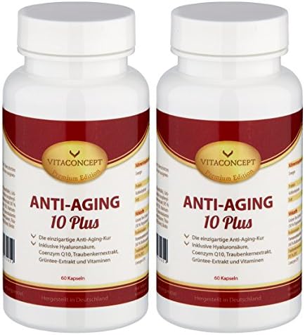 Value Pack 2x Anti-Ageing 10 Plus – The All-in-One Capsules (120): Hyaluronic Acid 106MG (TD) Molecular – with Co-Enzyme Q10, Antioxidants, Green Tea Extract Complex, Grape Seed Extract, Tip Fruit Extract, Vitamins, Minerals, Folic Acid and many more. * For a Smooth &amp; Tight Skin * unique by Treatment (120 Capsules) – Improved Formula Made in Germany. Premium Edition by Vitacon CEPT