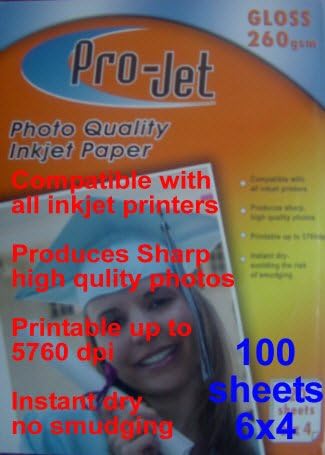 ProJet 6x4 Gloss Glossy 260 gsm photo inkjet printer paper 100 Cards Sheets