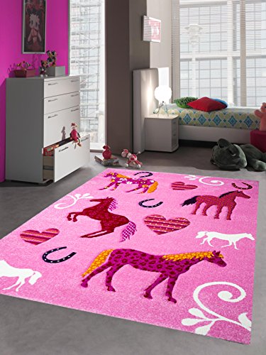 Kinderteppich Spielteppich Kinderzimmer Teppich Pferd Design mit Konturenschnitt Pink Creme Rot Orange Gelb Schwarz Größe 80x150 cm