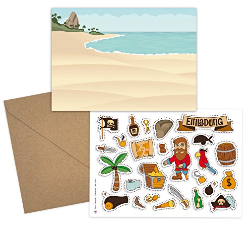 + STICKER: 8er Set „Pirat“ – 8 Einladungskarten, 8 Umschläge & 8 Stickerbögen mit Aufklebern – Schatzkarte Schatzsuche Piratenparty Kindergeburtstag – Geburtstagseinladungen zum Bekleben, Individualisieren, Basteln für Kinder, Mädchen, Jungen - 2