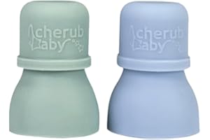Cherub Baby Silicone Reusable Baby Food Pouch Topper Attachment Soft Non-Spill Spouts 2PK with Travel Case (Cerulean/Sage)