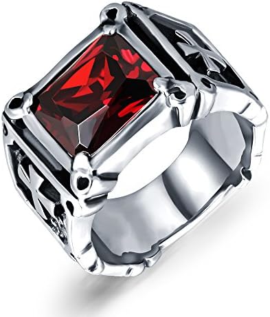 Mens Red Faux Garnet Rings Stainless Steel Dragon Claw Cross Ring Band Gothic Jewelry