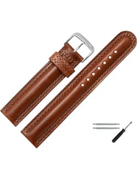 Uhrenarmband 18mm Leder Braun Glatt, Mit Doppelnaht, Bombage - Inkl. Federstege / Werkzeug - Lederband Mit Markanter...