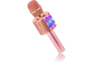 BONAOK Microphone Bluetooth sans Fil, Micro Enfants avec Lumières LED, Mini Machine Karaoké pour Fête/Maison/Anniversaire, Compatible avec Bluetooth IOS Android (Or Rose)