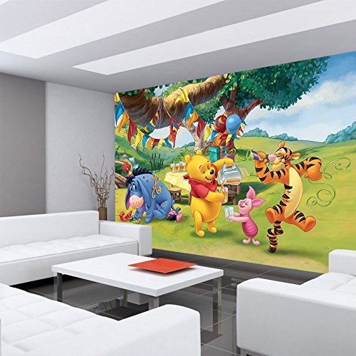 Vlies Fototapete PREMIUM PLUS Wand Foto Tapete Wand Bild Vliestapete – Kindertapete Cartoon Bär Tiger Esel Winnie Pooh Tigger Ferkel Ballon Geburtstag Baum Wiese – no. 922, Größe: 368 x 254 cm Vlies - 4