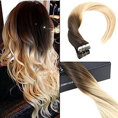 Sunny 18inch 100g 40pcs per Package Silky Straight Human Hair Tape Extensions Ombre Dark Brown to Bleach Blonde Full Head Seamless Hair Extensions Adhesive Tape for Hair