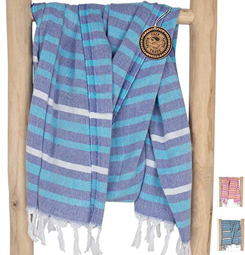 ZusenZomer Hamamtuch XXL Ibiza 150x210 Blau Türkis - Fouta Hammam Tuch Strandlaken Pestemal Gross und Leicht Baumwolle Handgewebt - Fair Trade Hamamtücher