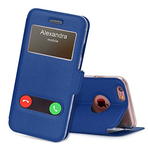 FYY Funda iPhone 6, Funda iPhone 6S, De Soporte Magnetico en la Parte Cubierta y Funcion de Ventana con Vista a Pantalla Superior para Apple iPhone 6/6S Azul Oscuro