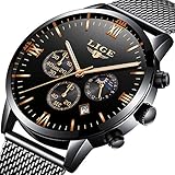 LIGE Herren Uhren Edelstahl Wasserdicht Chronograph Analog Quarzuhr Mesh Gürtel Schwarz
