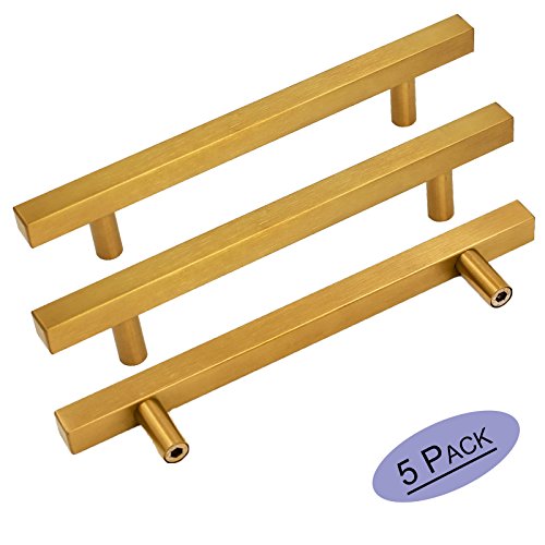 Gold Cabinet Pulls Kitchen Hardware Drawer Pulls Knobs - Goldenwarm LS1212GD160 Square T Bar Brushed Brass Wardrobe Door Handles 160mm Hole Centers Stainless Steel 5 Pack