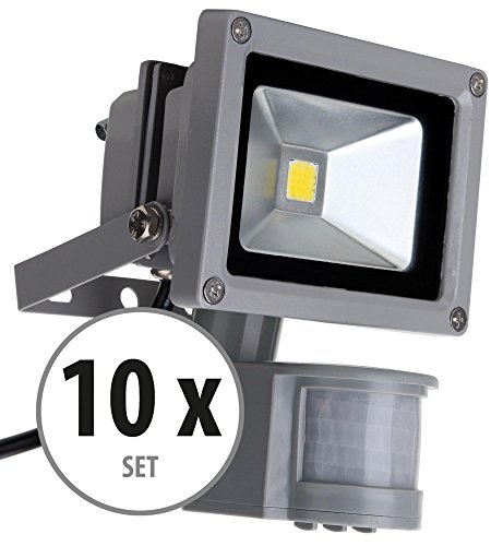 10x Showlite FL 2010B LED Outdoor Flood Light (Flood Light with Motion Sensor, 10 W 1100 Lumens, 4500 K, Daylight White, IP65)