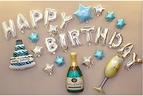 Birthday Balloon Set: Large Champagne, Glass &amp; Cake Foil Balloons (26 pcs) (Blue)