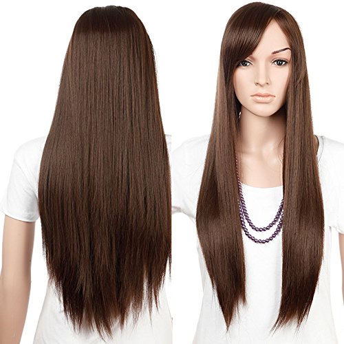 S-noilite Full Head Straight Wig 28" Long Thick Medium Brown Hair Wig Kanekalon Heat Resistant Synthetic Fiber Royal Mail Post