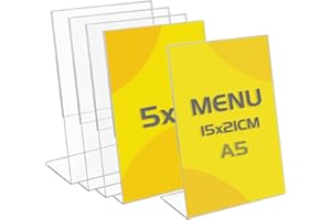 TAPKUA Présentoir à Panneau Acrylique Incliné A5, Signalisation Transparente, Signalisation de Table pour Afficher les Menus, Brochures, Dépliants (5 Pièces - A5)