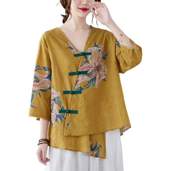 Chemisier Hanfu Traditionnel Chinois | Tissu Coton-Ramie | Manches 3/4, Col En V, Boutons Grenouille | Taille L | Style Décontracté Ample
