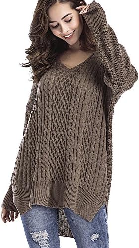 clasichic Knitted Jumper Oversized Sweater, Cable Knit Loose Pullover For Women Ladies Long Sleeve V Neck High Low Hem Thick S-XL (Brown, L(UK 16-18))