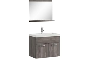 Badplaats B.V. Badezimmer Badmöbel Set Montreal 02 60cm Waschbecken Grau Eiche - Unterschrank Waschtisch Spiegel Möbel