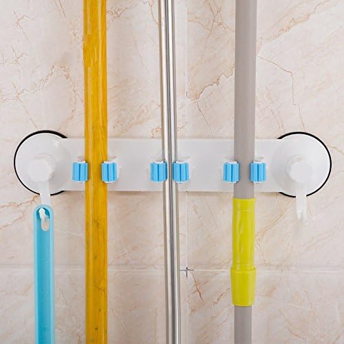 Plastic Suction Cup Mop Broom Holder Wall Mounted Garden Tool Hanging Rack with 3 Position and 2 Hooks