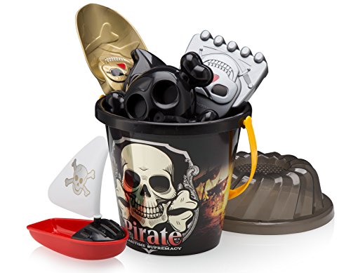 ToyZe 6 Piece Pirate Set Sand Toys, Pirate Beach Bucket Set, Create Pirate Sand Molds at the Beach Packed in Large 7 Inch Beach Pail