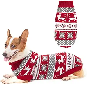 KUTKUT Dog Christmas Sweater | Cute Reindeer Snowflake Knit Sweater | Pet Holiday Cloth Soft Warm Turtleneck Knitwear for Small, Medium & Large Dogs(Size: L)