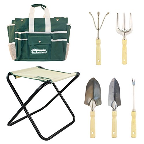 (7in1) GardenHome Gartenwerkzeug Hocker – Klapphocker inklusive 5-teiligem Edelstahl Werkzeug Set – Gratis Tragetasche zur Aufbewahrung der Gartengeräte – rostfrei und sehr robust – perfekte Geschenkidee für Hobby und Profigärtner - 2