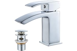 Luckyhome Basin Taps with Waste Mono Bathroom Waterfall Basin Taps Mixer Faucet,Silver