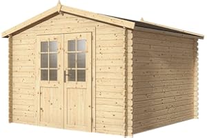 Woodtex Holz Gartenhaus Blockbohlenhaus CA2875 Houston | Wandstärke 28 mm | Naturbelassen | BxTxH: 310 x 298 x 226 cm | Doppeltür mit Echtglas | Sockelmaß: 280 x 280 cm | Satteldach