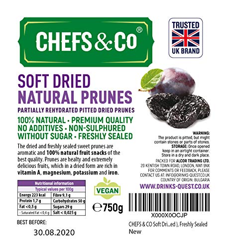 CHEFS & CO Suaves Ciruelas Pasas sin hueso ( sin azúcar ) -750 g | 100% frutas naturales enteras | Calidad Superior | Sin aditivos, Sin azufre y Sin azúcar | Recién Sellado