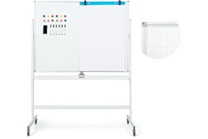 ‎COSTWAY COSTWAY Double Sided Mobile Whiteboard, 120 x 90 cm, Dry Erase Magnetic Whiteboard with Grid Pattern, Wheels, Stand and Pen Tray, Includes Accessories for Office, Home (White)