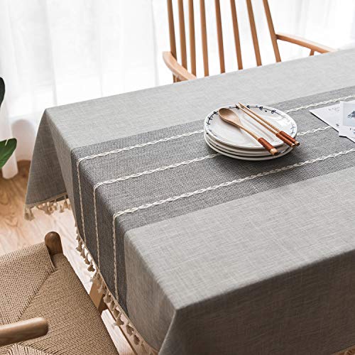 Topmail Nappe de Table Rectangulaire en Coton et Lin Nappe Imperméable Anti-Taches Nappe en Dentelle Brodée avec Franges pour Table à Manger Table Basse Salon Jardin Pique-Nique, Rayure 140x200 cm