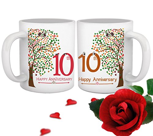 TIED RIBBONS 10th Wedding Anniversary Gift for Brother Sister Son Daughter Friend Collegue Relatives Set of 2 Printed Coffee Mugs with Rose(325ml Each,Multicolor)