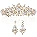 Produktbild LONGBLE Hochzeit Braut Krone+Ohrringe Gold mit Weiß Prinzessin Tiara,Stirnband Künstlichen Strass schmuck Haarreifen,Geschenk für Damen Geburtstag