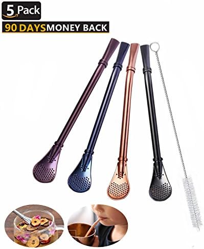 Straw Spoons,AllSpes 2 in 1 Multi-function Reusable Stainless Steel Bombilla Coffee Straws for Smoothie, Milkshake, Cocktail and Hot Drinks Yerba Mate Tea Filter Colander Spoons,Length 6.22" , 4 Color + 1pcs Free Cleaning Brush