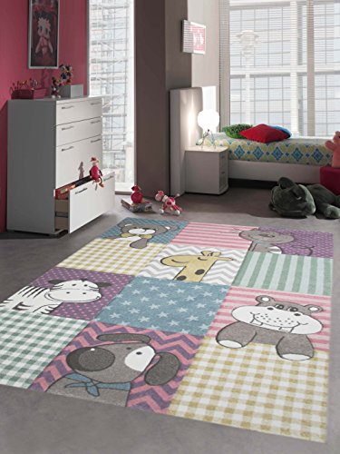 Kinderteppich Spielteppich Kinderzimmer Teppich niedliche Bunte Tiere mit Konturenschnitt mit Hund Giraffe Zebra Bär Katze Nilpferd in Pastellfarben Rosa Türkis Lila Senfgelb Grau Grün Creme Beige Bunt Größe 120x170 cm