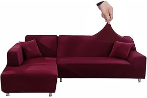 Jaotto Fundas para Sofás Chaise Longue Elásticas,Cubre Fundas de Sofá Cheslong Brazo Largo Derecho Ajustables de Forma L Extraíbles Lavables,Fundas Protectora para Sofa(2 Plazas+2 Plazas,Burdeos)