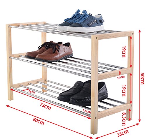 Schuhregal Schuhbank 3 Schicht Schuhablage Schuhschrank Schuhständer Schuhe Rack Kieferrahmen 80x50x33cm (Schwarz) - 7