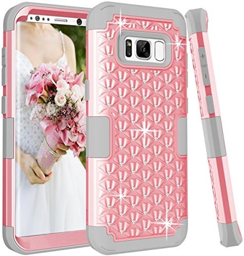 Galaxy S8 Case, Colel Hybrid Heavy Duty Shockproof Diamond Studded Bling Rhinestone Case with Dual Layer [Hard PC+ Soft Silicone] Impact Protection for Samsung Galaxy S8 (Pink&amp;Grey)