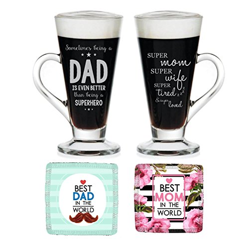 TheYaYaCafe Yaya Cafe Anniversary Mom Dad, Super Mom Super Dad Engraved Tea Coffee Mugs Set of 2 with Coasters