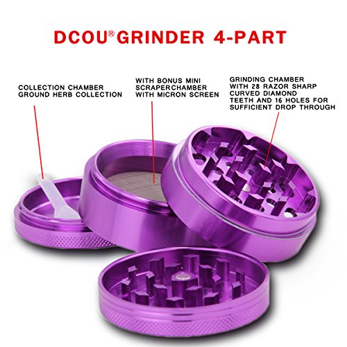 DCOU neue Design Premium Krautmühle mit Siebgrinder bruchfester Aluminium Tabak Mahler Crusher Gewürze Schleifer mit Blumen auf dem Deckel Magnetisch Ø55mm 4-teilig Lila - 3
