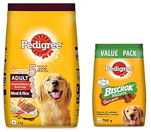 Pedigree Adult Dry Dog Food, Meat & Rice, 3kg Pack & Adult Biscrok Biscuits Dog Treat (Above 4 Months) Lamb Flavour, 900g Pack