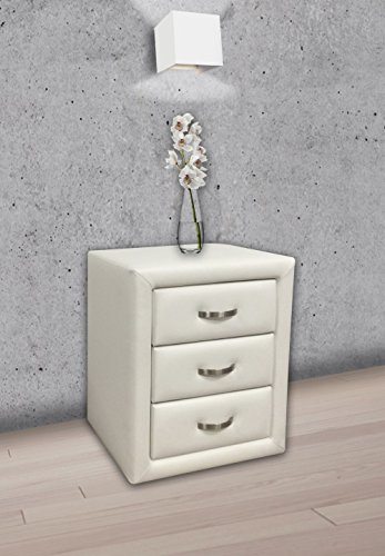 SUENOSZZZ-Mesita de Noche (Mesa Rincón) tapizada en polipiel + 3 cajónes de madera Tapizados Color Blanco. Medidas: Alto: 58 cm. Ancho: 49 cm. Fondo: 36 cm.