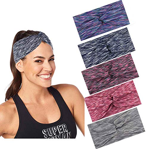 5 Piezas Diademas Deportiva, Cross Anudado Elástico Bandas Entrenamiento, Antideslizante Ligeras Suaves y Absorbentes Diadema para Yoga Pilates Danza Correr Ciclismo Fitness Ejercicio, Color mezclado