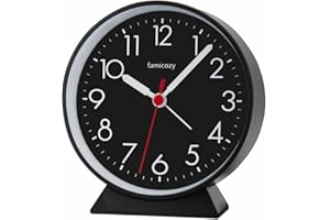 FAMICOZY Silent Non Ticking Analog Alarm Clock,Easy to Read,Simple Operation,Crescendo Alarm,Snooze Light,1 AA Battery Operated,Black Dial